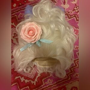 Marie Antoinette Blonde Wig with Pink Rose, Blue ostrich and Ribbon